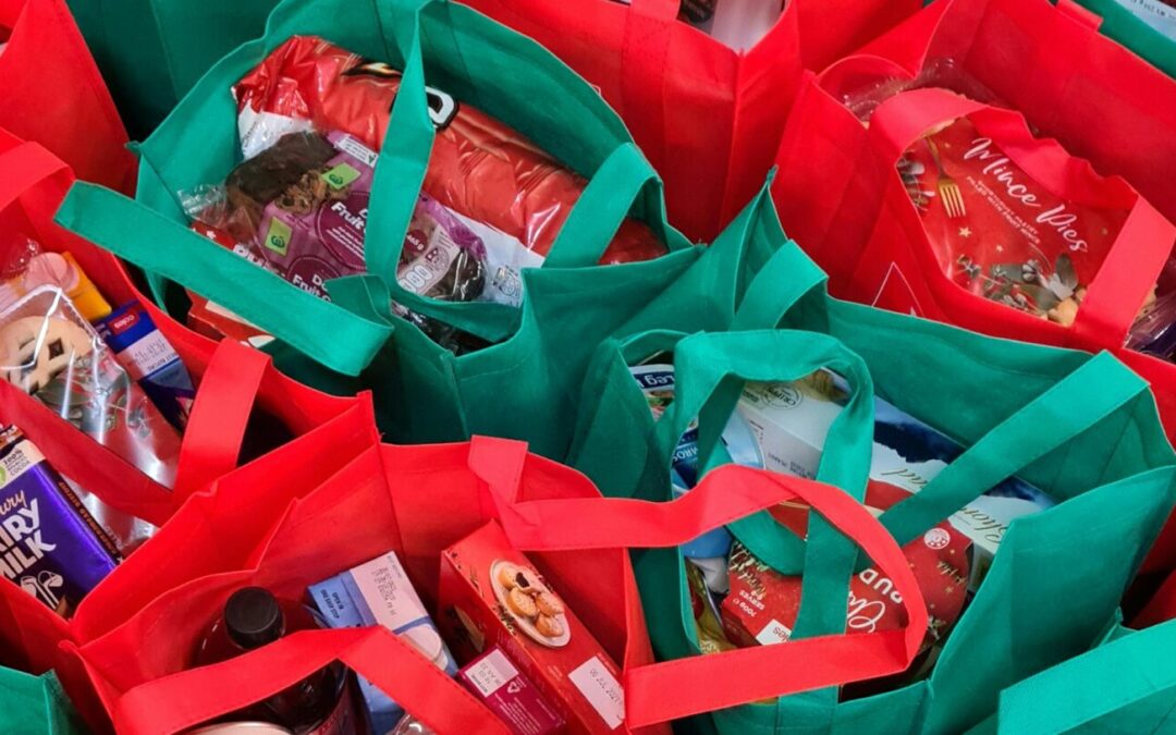 Gift bags full of donations.